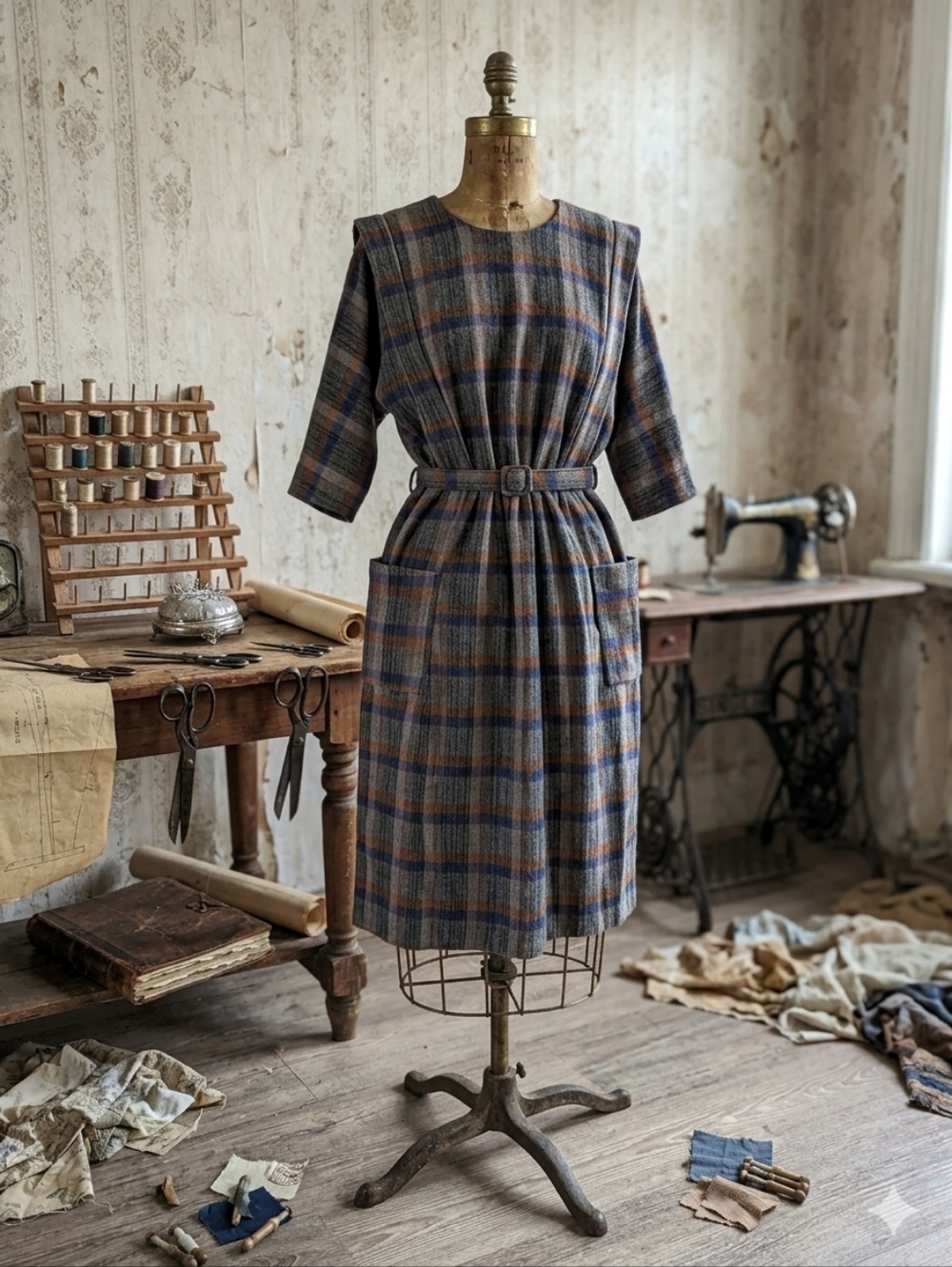 VTG 80s Wool Blend Plaid Dolman Sleeve Midi Dress with Pockets & Belt Union Made